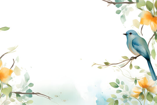Bird on branch in watercolor style. Frame background.