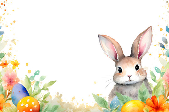 Bunny with easter eggs frame background in watercolor style.