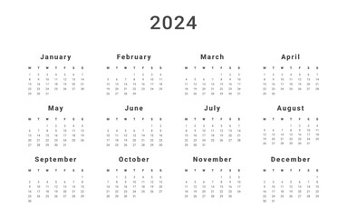2024 Annual Calendar template. Vector layout of a wall or desk simple calendar with week start Monday. Calendar design in black and white colors