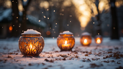 Snow-Covered Candlemas Scene: A serene winter landscape with candles in the snow, emphasizing the significance of light during this holiday - obrazy, fototapety, plakaty