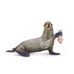 Obraz premium illustration d'un otarie qui tiens un poisson pagre dansa main
