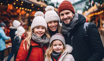 Fototapeta premium Happy Big Family standing at a Christmas market,, winter holidays celebration, mother, father, children ,parents, at christmas market on town hall square, Having fun together