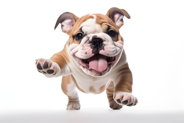 English bulldog dog is posing on studio background. Cute playful playing and looking happy.