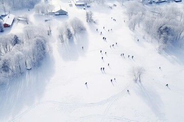 Fototapeta na wymiar An aerial view capturing a winter wonderland where people engage in various activities, from snowshoeing to sledding, creating a lively and dynamic scene
