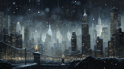 Whispers of Winter: A City Cloaked in Moonlight and Snowfall Urban Dreamscape Beneath a Starlit Sky, a Snowy City Sleeps - obrazy, fototapety, plakaty