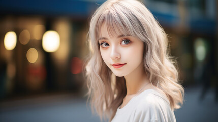 Obraz premium Cute Asian girl against the background of a bright night street of a beautiful city.