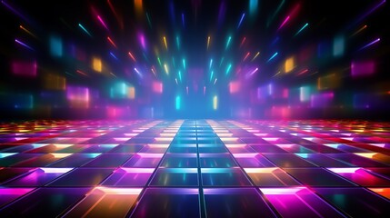 A dazzling disco dance floor illuminated by colorful lights - obrazy, fototapety, plakaty