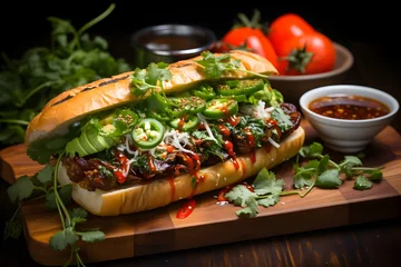 Selbstklebende Fototapeten The delicious fusion of French and Vietnamese tastes in banh mi - a sandwich made from short baguette with meat and vegetables © Anna Lurye