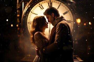 a young woman sharing a romantic kiss with her partner as the clock strikes midnight, the magical atmosphere and sparkles in the background symbolizing the liberation of love and new beginnings - obrazy, fototapety, plakaty