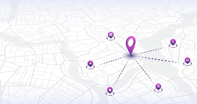 Track navigation pins on isometric street maps, navigate mapping technology, locate position pin. Multiple destinations. Gps tracking map. Futuristic travel gps map or location navigator vector