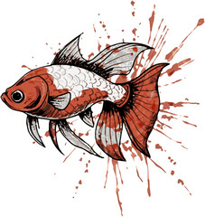 Elegant Fish Vector Illustration on Abstract Watercolor Splash Background, Artistic Carp Design for T-shirt and Apparel Graphics, Detailed Red and Black Fish with Flowing Fins and Tai