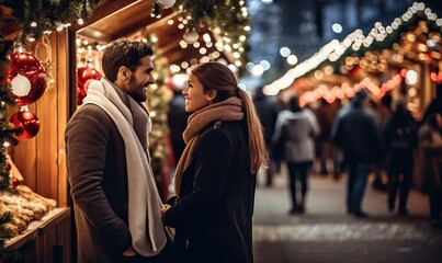 Fototapeta premium Having fun together at a christmas fairy. Young cheerful couple is having a walk with hot drinks, enjoying, dressed warm, looking at each other and laugh, Enjoying Christmas Market
