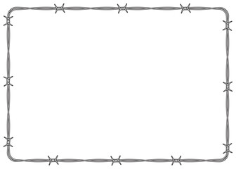 Vector black line barbed wire tangled in a horizontal rectangle. Isolated on white background.