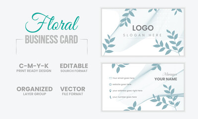 Floral Business Card Template with aesthetic calmness colors leaf shapes of green & gray