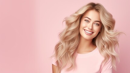 Smiling young woman with blonde long groomed hair isolated on pink background