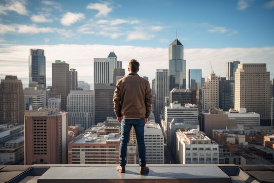 An image of a young man standing on a rooftop, gazing at the city skyline, feeling liberated and inspired by the urban beauty that surrounds him