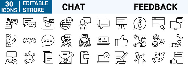 set of 30 line web icons: Chat. Feedback  Testimonials, like, comment, marketing, survey, confirmation, collection. Editable stroke. Vector illustration.