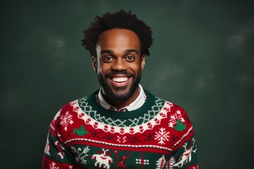 African American man laughing in ugly Christmas sweater - obrazy, fototapety, plakaty