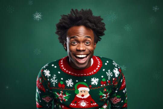 African American man laughing in ugly Christmas sweater
