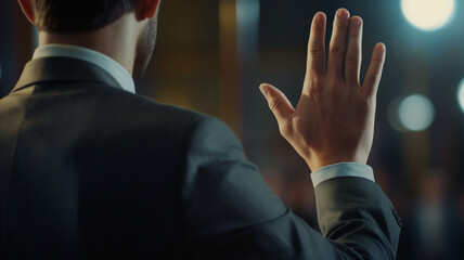 Young male politician raising his hand to swear