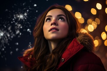 a young and beautiful woman watching a dazzling fireworks display at the stroke of midnight on New Year's Eve, her eyes filled with wonder and her heart liberated by the magic of the moment