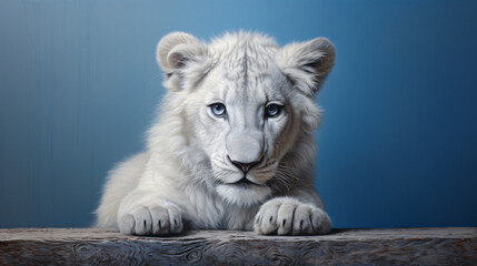 a white lion, its fur and blue eyes captured in exquisite detail against a soft, dreamlike single-tone background
