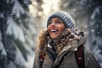 a young woman exploring a pristine winter forest, her face lit up with joy as she immerses herself in the liberating beauty of a snowy wonderland