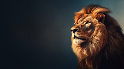 a majestic lion, its features illuminated in soft lighting against a plain backdrop, providing a clean and sophisticated look for presentations or flyers