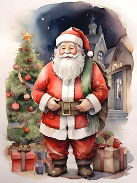 Santa Claus with Christmas Tree and Presents in Watercolor