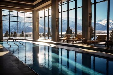the resort's indoor pool area, with large windows offering panoramic views of snow-covered mountains, providing guests with a luxurious and relaxing escape - obrazy, fototapety, plakaty