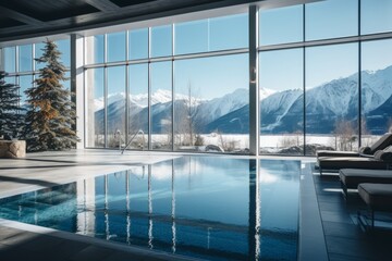 the resort's indoor pool area, with large windows offering panoramic views of snow-covered mountains, providing guests with a luxurious and relaxing escape