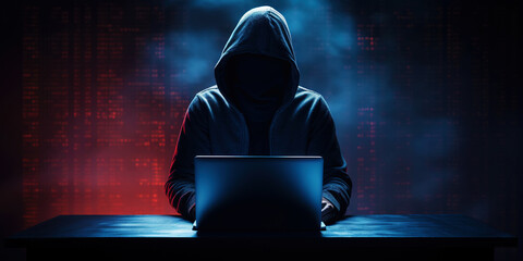 Cybernetic Enigma: Silhouetted Technomancer. Hacker with data flow behind in a dark room. Generative AI