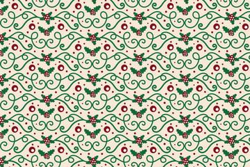 Christmas flourishes swirls holly leaves Seamless Pattern, winter vibes berry leaf modern Christmas pattern, holiday green ornate Christmas pattern, wrapping paper holiday holly printing fabric 
