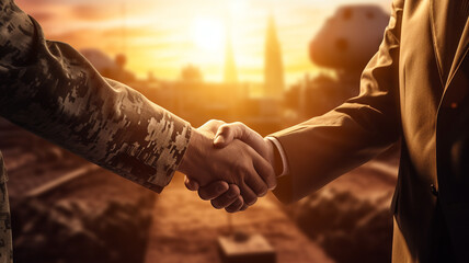 Business negotiations between politicians and soldiers. - close up of handshake - obrazy, fototapety, plakaty