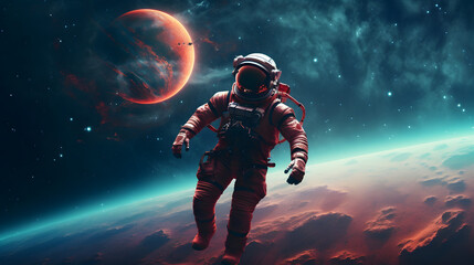 Fototapeta premium Spaceman and planet, human in space concept. Generative Ai