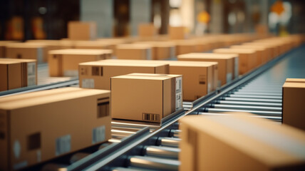 Several cardboard box packages on the parcel conveyor belt