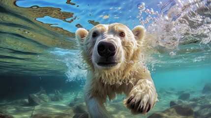 White bear diving in the water. Generative AI