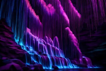 An otherworldly neon waterfall cascading down a crystalline structure