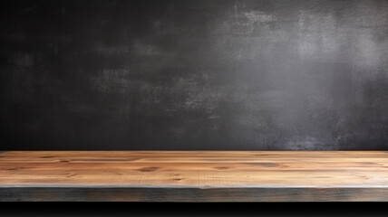 Empty wooden table top on black dark concrete wall