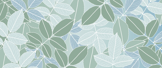 Fototapeta na wymiar Green botanical background with white outlines of branches with leaves. Vector background for cards, wallpapers, covers