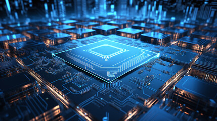 Futuristische Darstellung von Computerchips in einer Platine, Symbol f&uuml;r fortschrittliche K&uuml;nstliche Intelligenz und Hochtechnologie