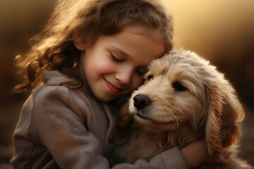 Little girl with curly hair, lovingly hugging a small puppy. Under a warm golden light, casting a cozy atmosphere.