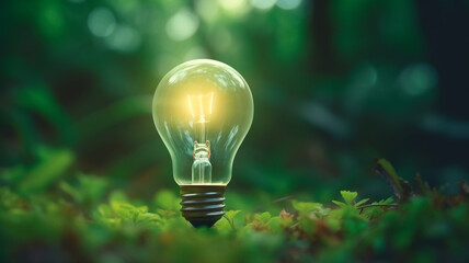 illuminated bulb in the green forest background. - Alternative sustainable renewable energy source. Green energy banner.