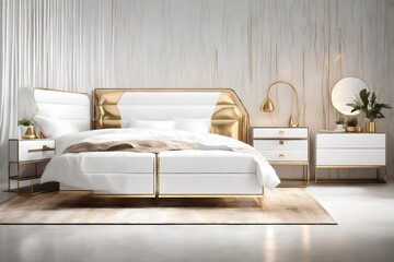 Minimalist white and gold bedside tables with built-in smart functions in a serene, abstract bedroom.