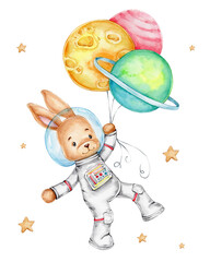 Bunny astronaut with ballons planets; watercolor hand drawn illustration