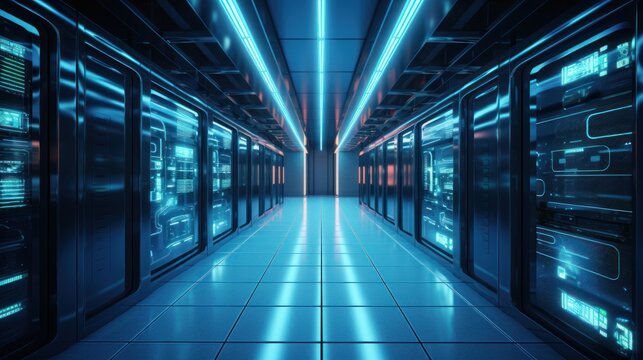 Server room in a modern office of a technology company. Development of a quantum computer. Science, technology, big data and blockchain concept.