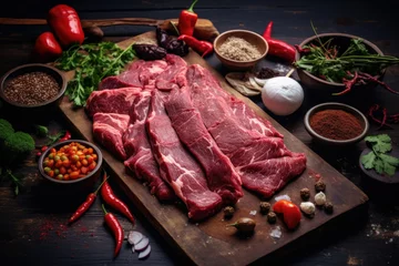 Foto op Plexiglas Raw fresh beef pork ready to cooking with garlic, onions, parsley, dill, mushrooms, quail eggs,seasonings, salt, coriander and red hot pepper on wood desk. Raw meat with condiments. © Ruslan Gilmanshin