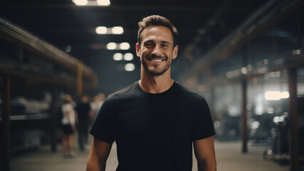 Business owner in black t-shirt standing in industrial plant - obrazy, fototapety, plakaty