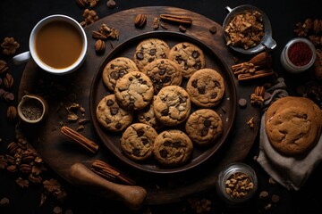 still life of cookies with chocolate on a wooden table, dark background, delicious pastries