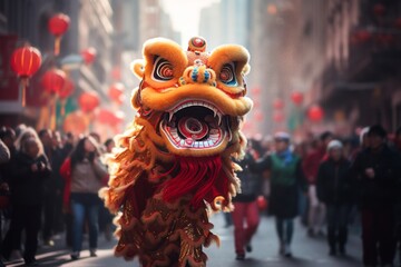 Chinese New Year parade with dragon and lion dancers, traditional performers, and joyful spectators...